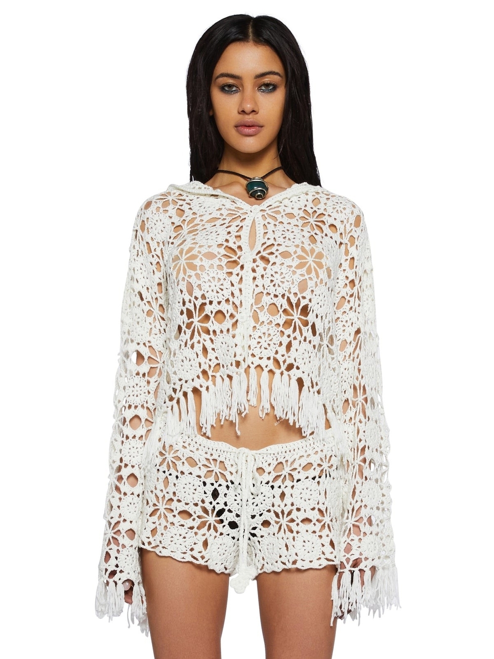 Dolls Kill Palms Retreat Cropped Crochet Cardigan - Off White